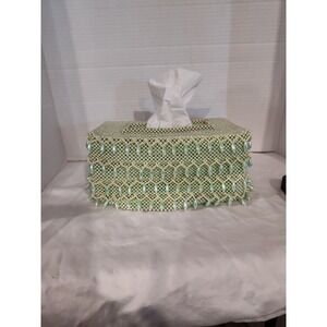 Handmade Green & White Beaded Tissue Box Cover 9.5"x4.5"x 5.5" Standard box size